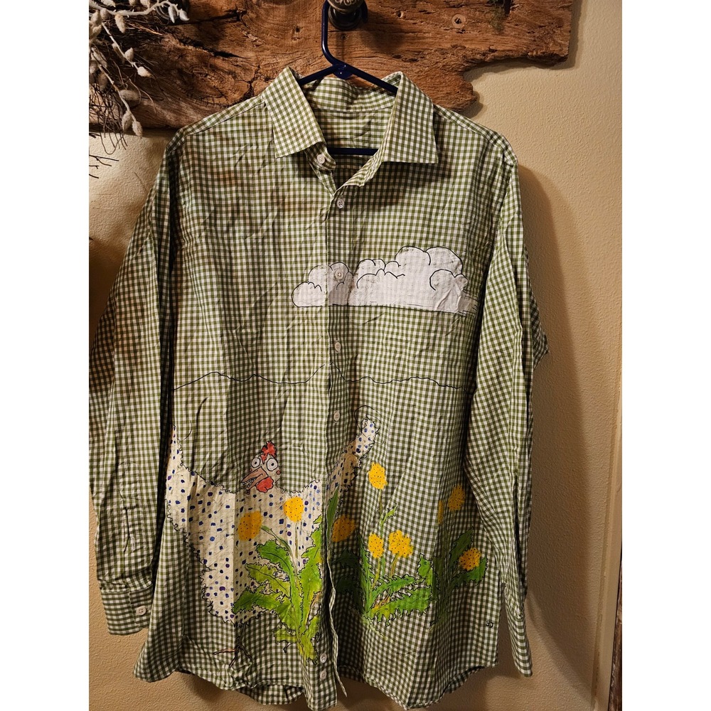 Hand Painted Gingham Chicken Shirt Green White Check Folk Art Button Up Large